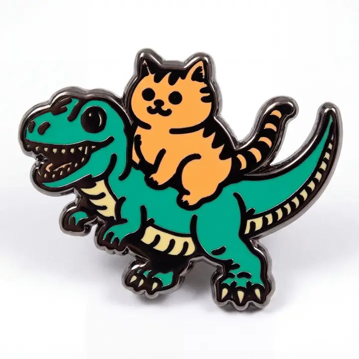 Cat Riding T Rex Pin