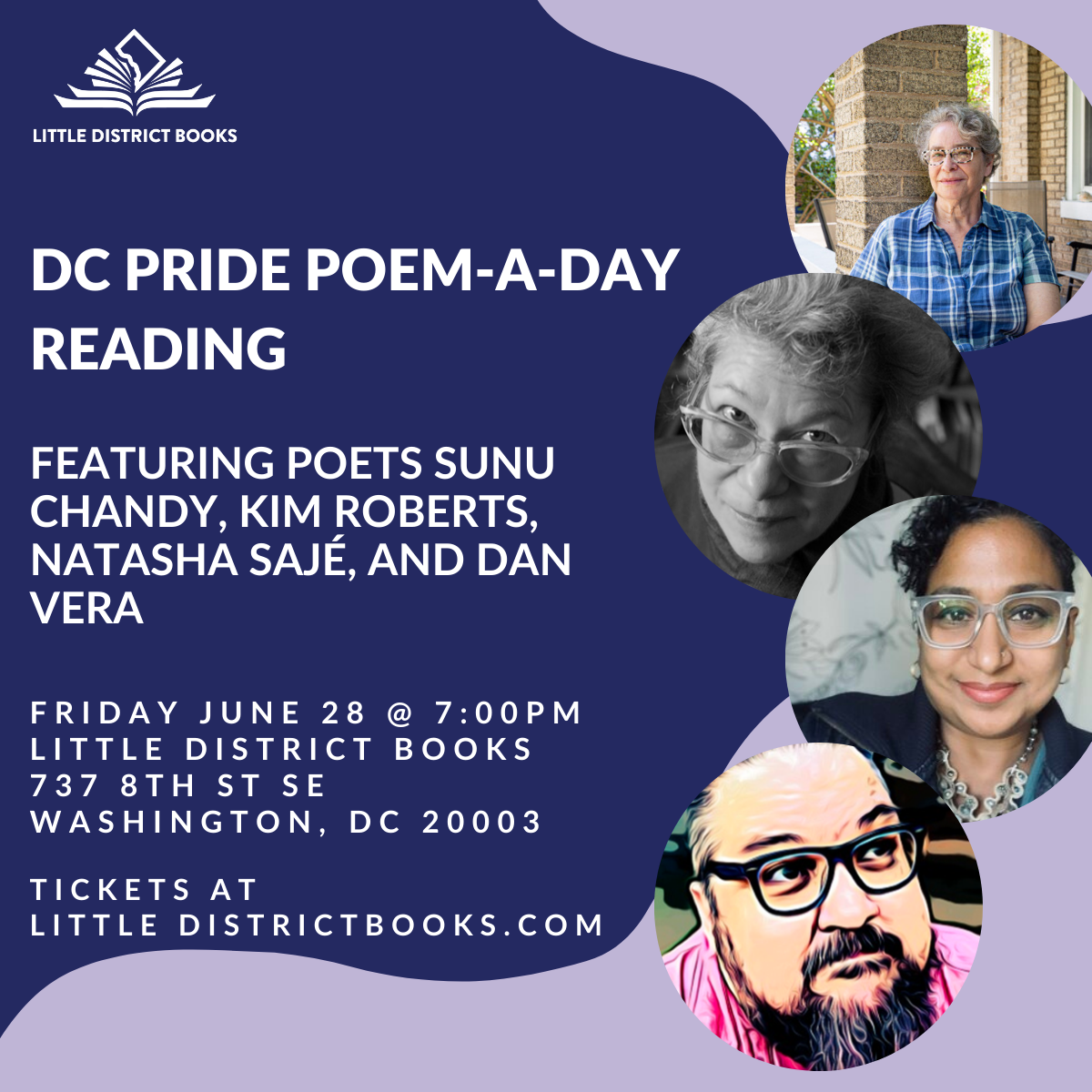 DC Pride Poem-a-Day reading, featuring Sunu Chandy, Kim Roberts, Natasha Sajé, and Dan Vera